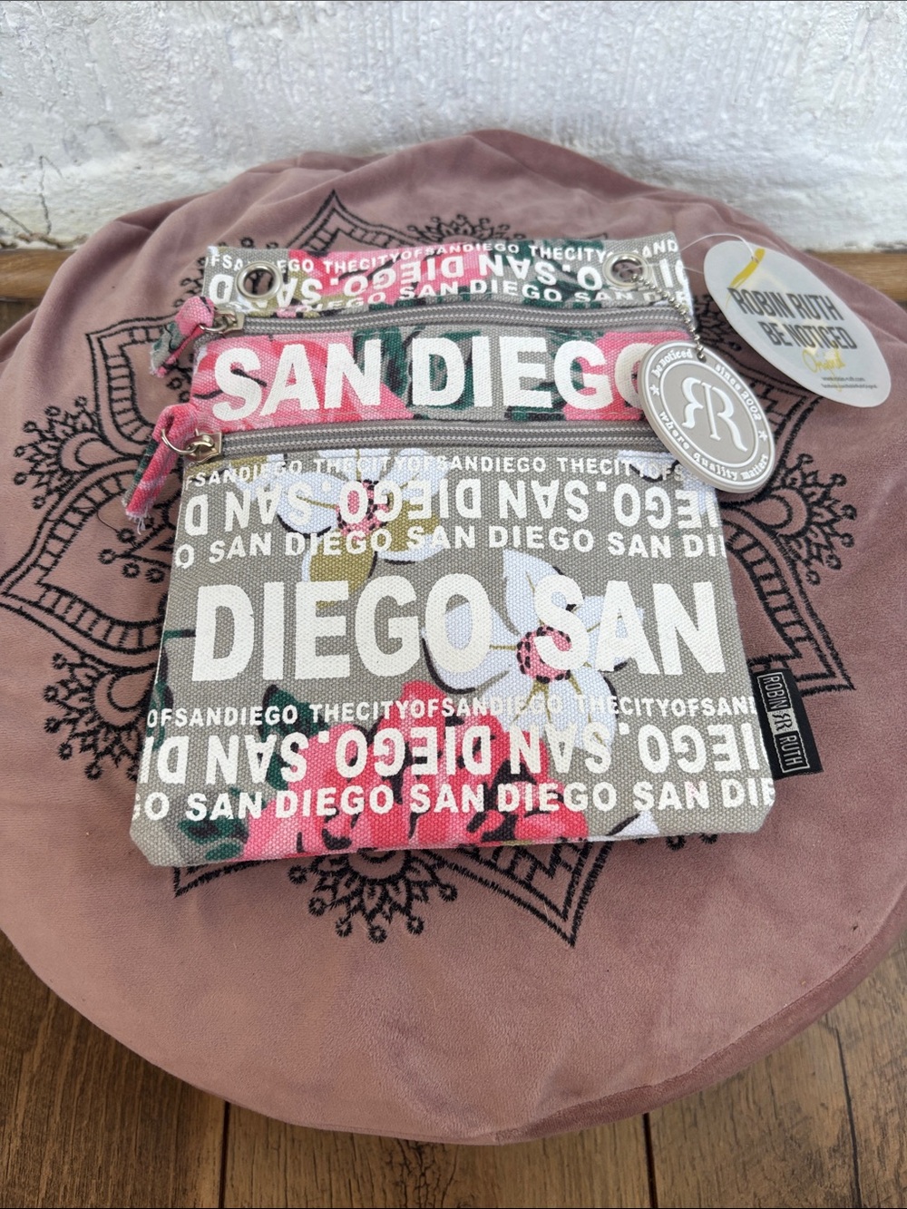 San Diego Robin Ruth Gray Canvas Zip Pouch Floral Crossbody Bag